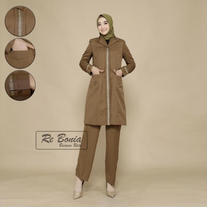 blezer tunik re bonia/ baju dinas asn pns kheki tua wanita/ seragam pemda wanita model tunik/ seraga