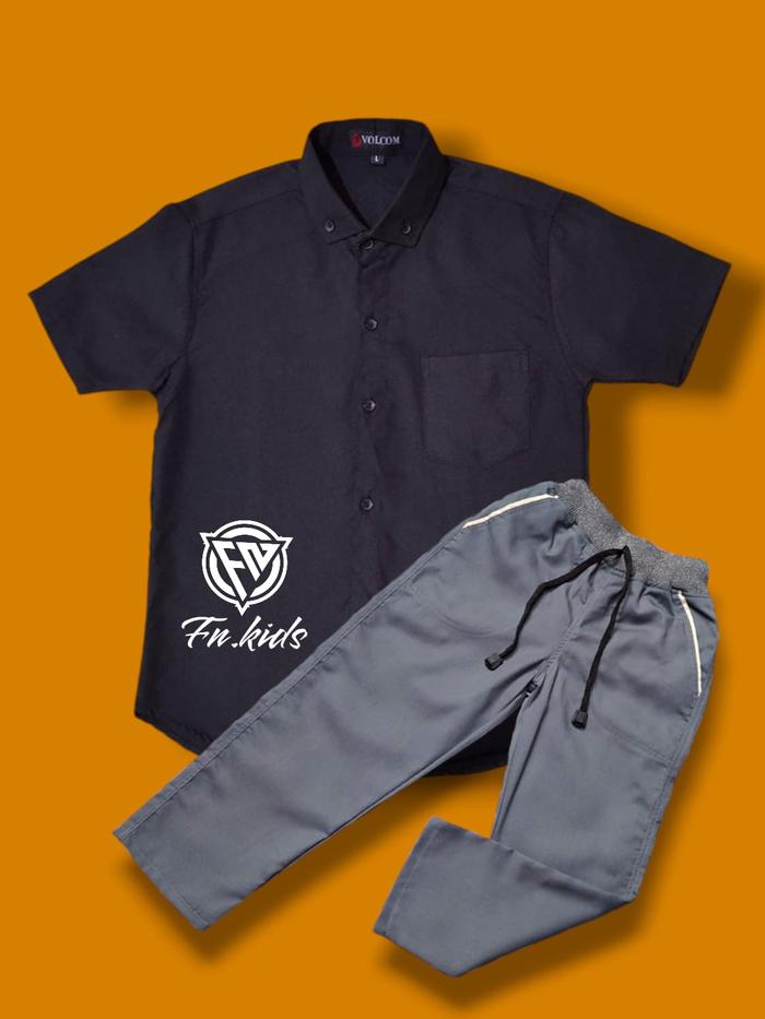 Fn.kids Stelan Baju Kemeja Anak Polos Usia 2-12 Tahun dengan Celana Warna Abu-abu untuk Anak Laki-la