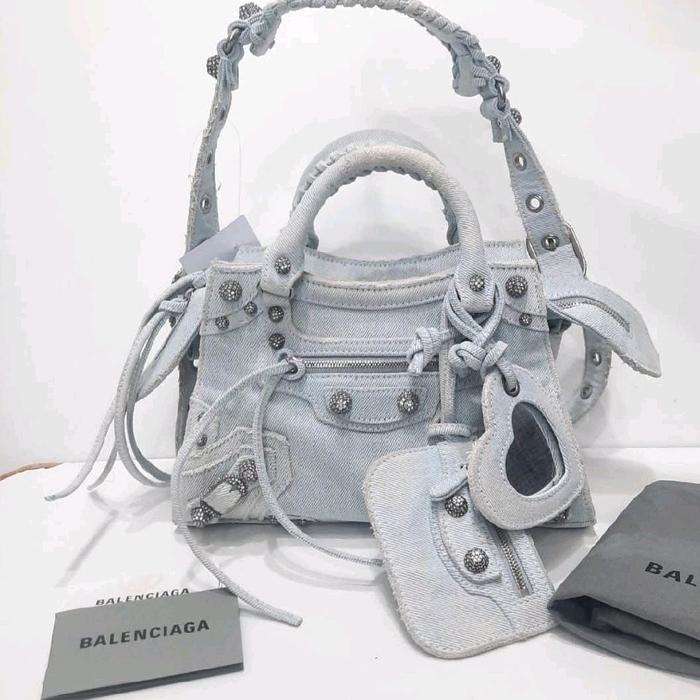 BALENCIAGAa NEO CAGOLE XS Washed denim pale blue rhinestone crystal