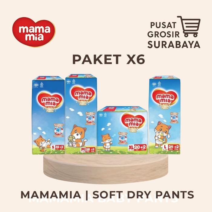 [PAKET 6 BALL] MAMAMIA Popok Bayi Tipe Celana Premium S34 M30 L26 XL22 - Super Lembut Extra Kering S