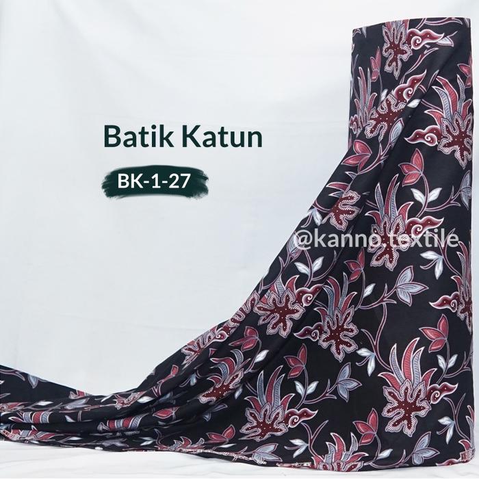 Kain Batik Katun Halus Primisima Batu Raden B27 Motif Daun Warna Hitam Merah