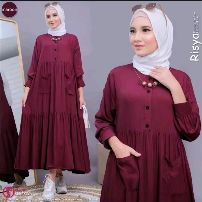 Midi Dress Risya Susun Rayon Twill Premium Polos Saku Depan Gamis Wanita Lebaran Terbaru