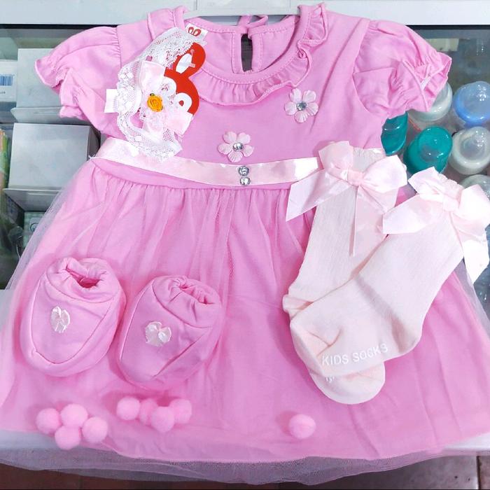 Dress bayi pink/Dress bayi tutu + bando + sepatu + hanger / baby set / kado bayi cewek