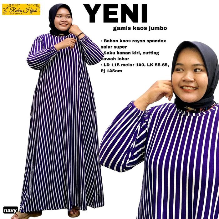 Gamis Muslimah Yeni Jumbo Maxy Dress Motif Salur Bahan Kaos Rayon Spandex Allsize LD110 Melar 140
