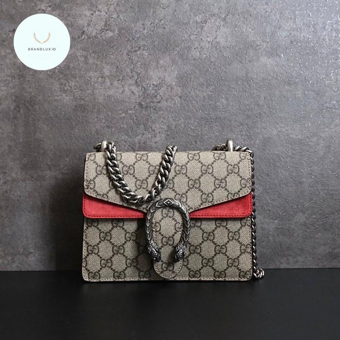 Gucci Mini Dionysus GG Supereme Canvas Flap Bag In Beige / Red