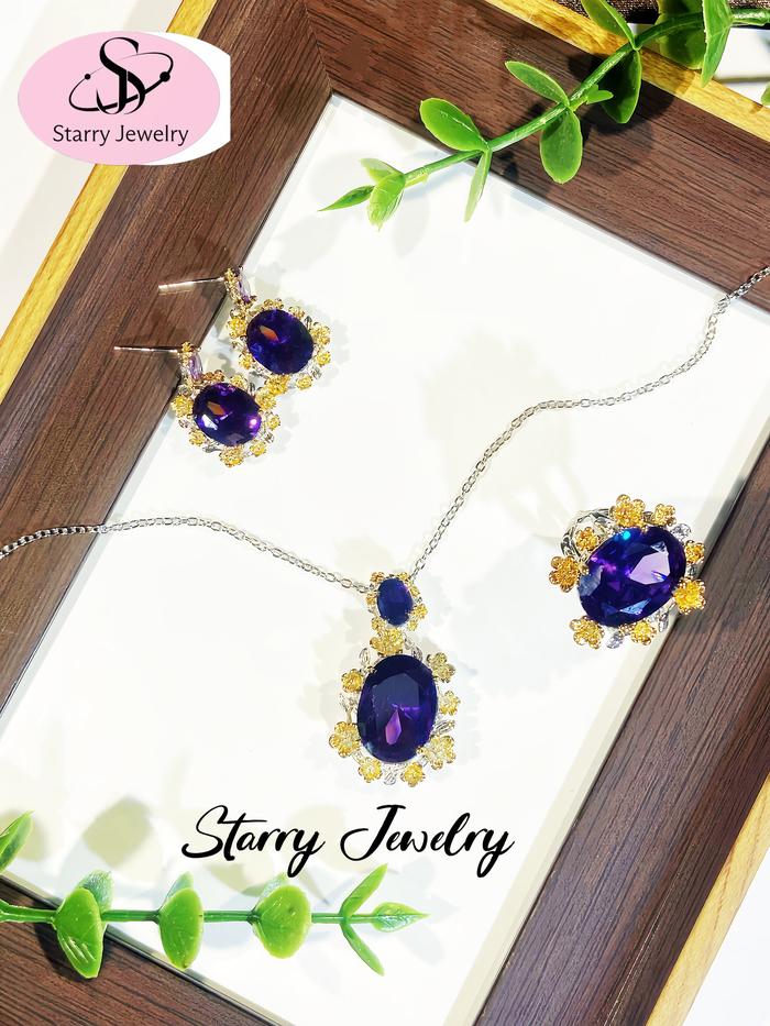 SJ19 Setelan Gaya Kuno Istana dengan Cincin Telinga dan Gelang Berlian Ungu Bunga Plum, Setengah Pir