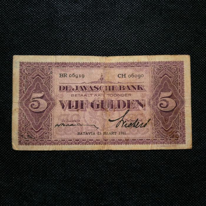 Uang Kuno 5 Gulden JP Coen Belanda ttd Praasterink Tahun 1931