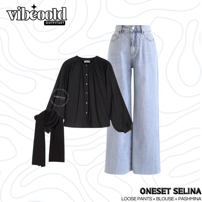 Selina Outfit Set Wanita Hijab ( Bawahan Celana Jeans + Baju Atasan Blouse Kancing Shakila Hitam +