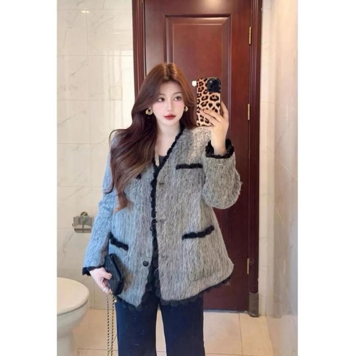 #5013# COAT WOOL JUMBO || Outer Coat Wool Gray List Furballs || Blazer Wool Abu-Abu Lis Pom-Pom Bulu