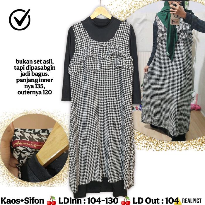 DANNIS Oneset Inner + OL Sifon HS Motif Houndatooth One Set Setelan Hitam Putih Monokrom Monochrome 