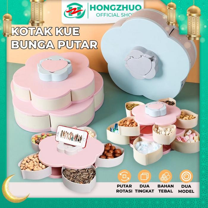 TERLARIS Hongzhuo Toples Bunga Mekar Toples Putar Kue/Candy/Snack/buah Tingkat 2 Susun READY STOCK