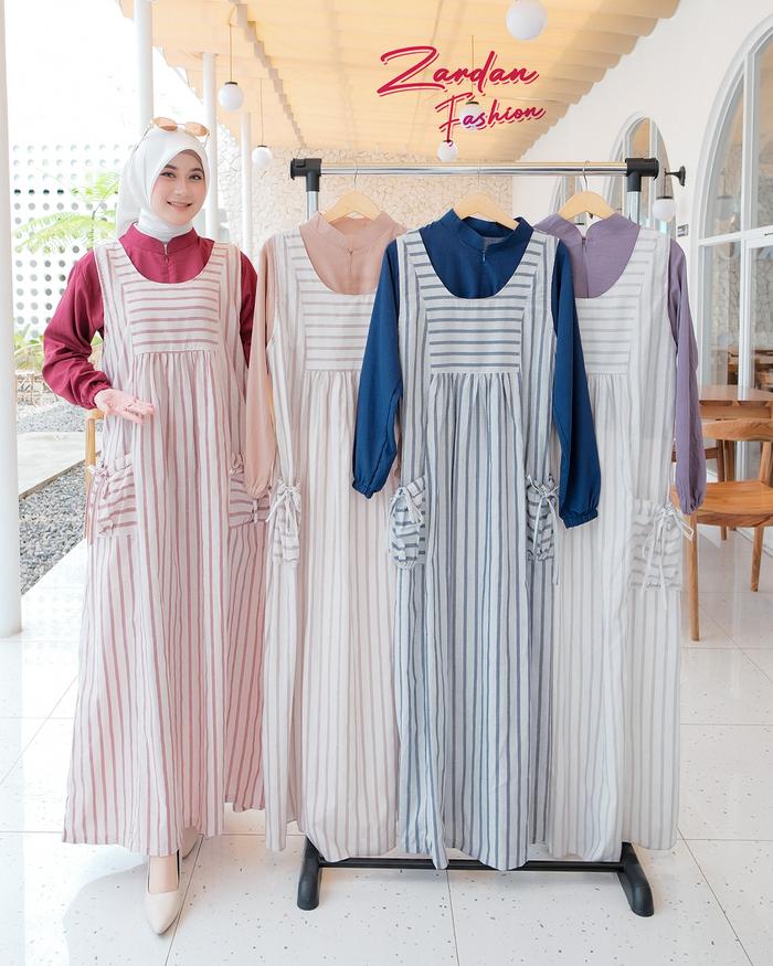 Zaya - Yhoumna Set Ibu dana Anak Gamis Overall Set Kemeja dan Rok Katun Haruka Motif Garis Simple El