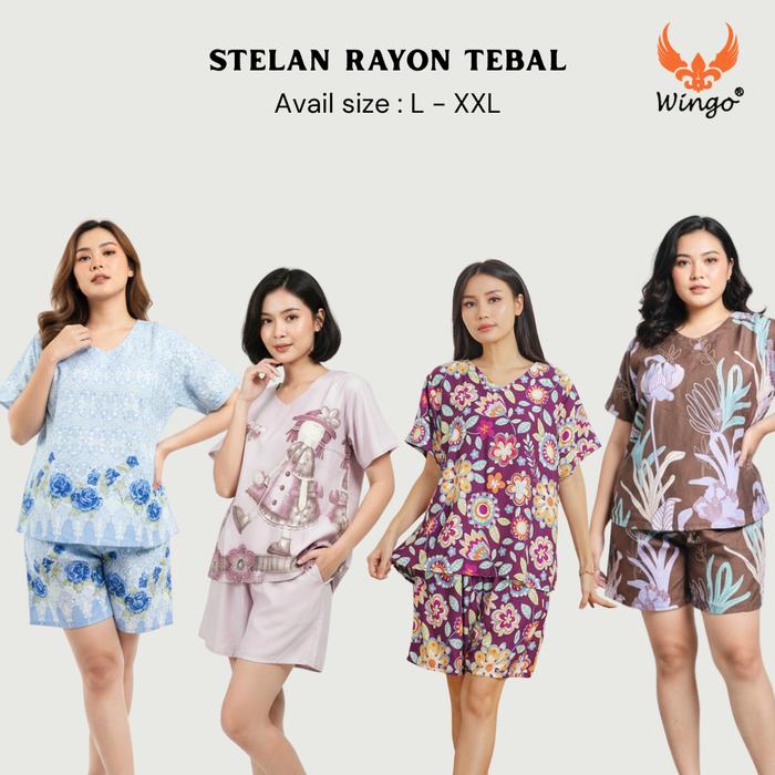 WINGO - Setelan Baju Tidur Rayon Twill Tebal Wanita Jumbo Celana Pendek HP L-XXL