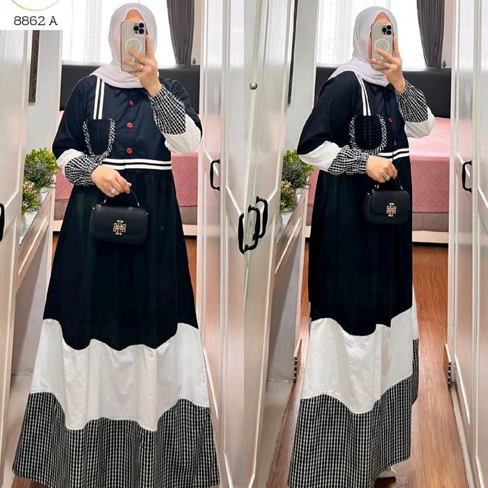 Gamis wanita katun linen ori by Syaina Semut kombi saku renda dan katun kotak2 SALE ngabisin stock!