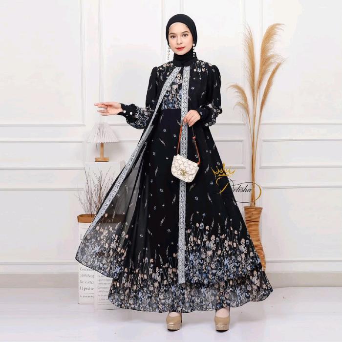 Delisha - Arrumi Dress / Gamis Hitam Ceruty Baby Doll Premium Berfuring Mewah Busui