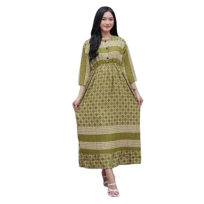 DASTER KOTAK-KOTAK LD110 Daster Midi Dress Lengan Panjang 130 Cm Kekinian Kerut Dada Karet kancing B