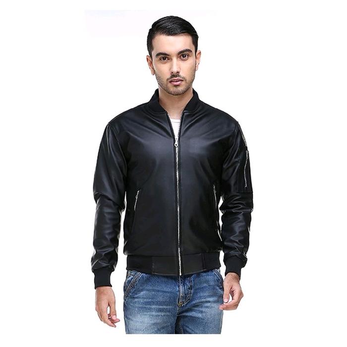 Jaket Kulit Sintetis Pria Casual Hitam Dewasa Keren Semi Vienna ,  Jenis Lentur dan Lembut - Panjang