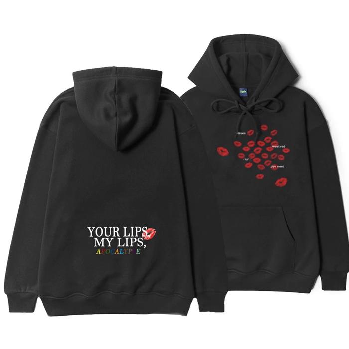 Jaket Hoodie Fleece Vintage Lips Meet Kiss Hitam