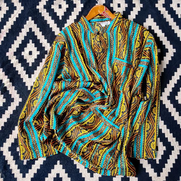 Kemeja Vintage Sambalpuri Kurta Pyjamas Tosca Green Shirt Bohemian Hippies Woodstock Boho Indies Psy