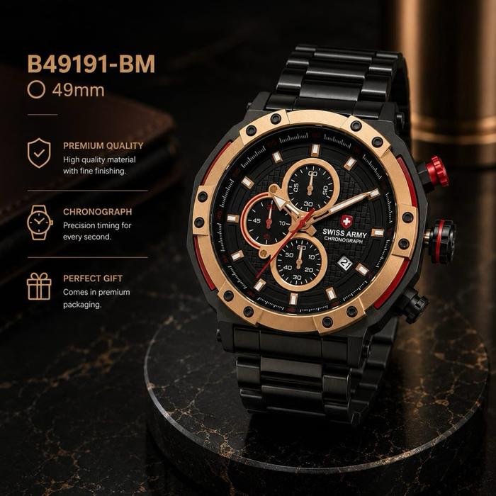 Jam Tangan swis army pria black gold terbaru