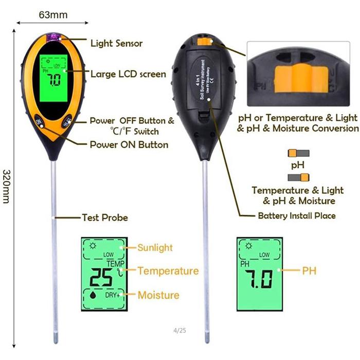 Soil PH Tester 4In1 PH Light Moisture Acidity Tester Soil Tester