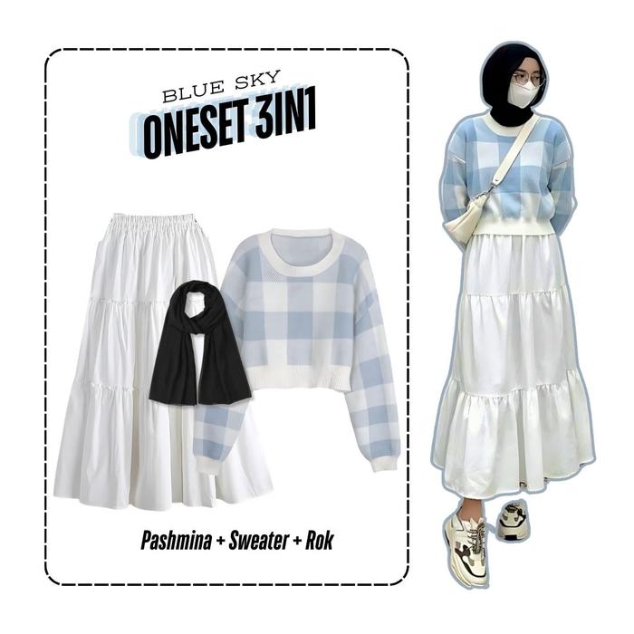 3in1 one set baju atasan sweater rajut lengan panjang motif kotak rok susun canda panjang pashmina c