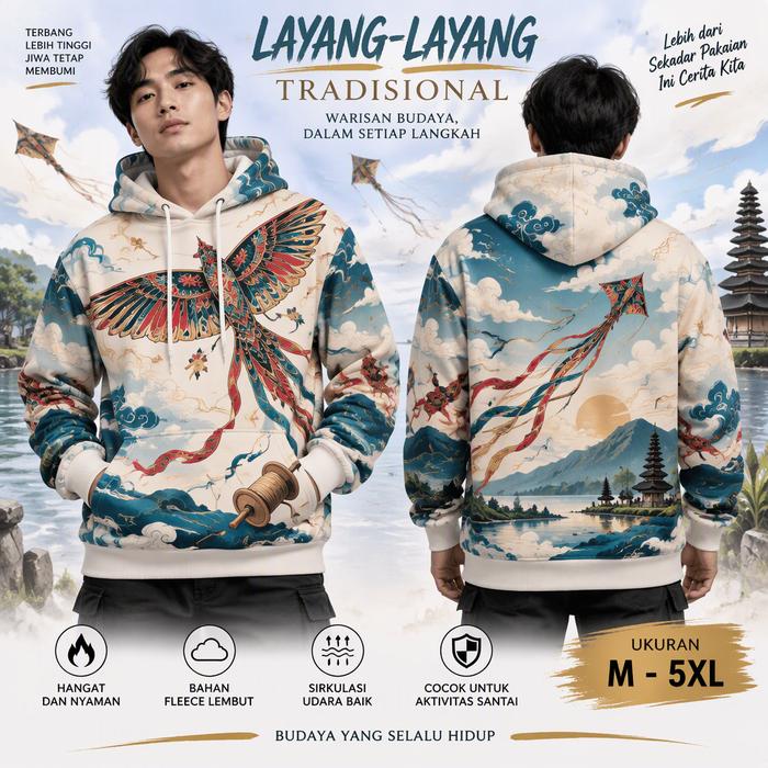 Sweater Bertudung Pria Tipis Motif Layang-Layang Tradisional, Gambar Burung, Awan dan Pemandangan, L