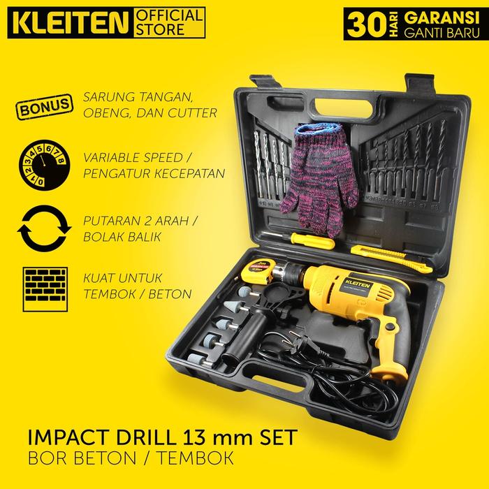 KLEITEN Mesin Bor Set Paket Lengkap Impact Drill 13 mm - Bor Tembok Set 13mm - Bor Beton Set 13 mm