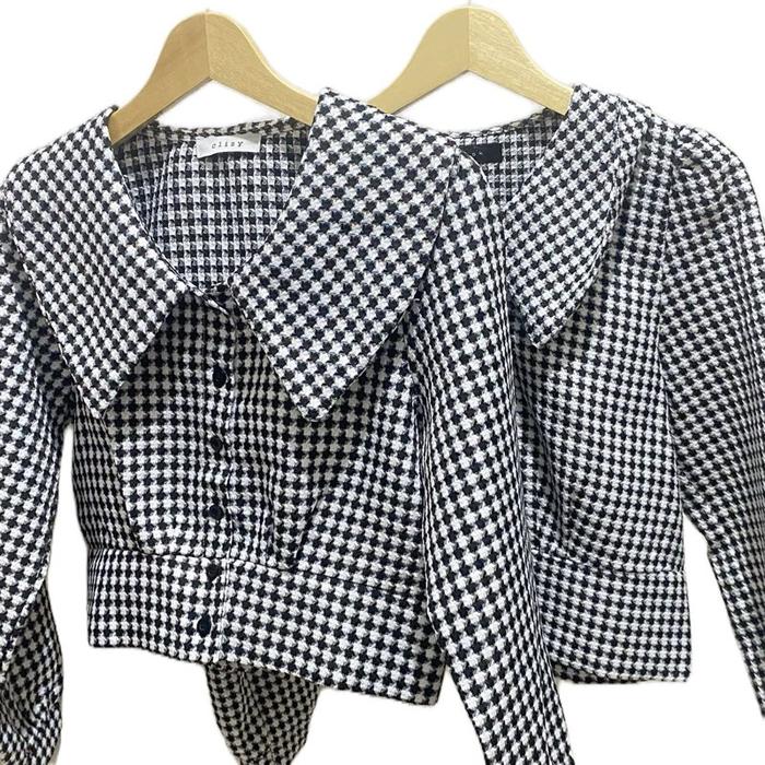 Outer wanita motif kotak cropped outer Atasan Panjang