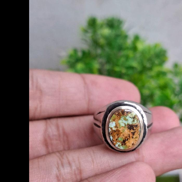 Natural Pirus Persia Origin Iran Warna Hijau Serat Emas Ring Alpaka Super Model Tanam