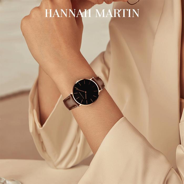 PROMO Hannah Martin  Jam Tangan  100% ori Kuarsa Klasik Mode Tali Kulit Jam Tangan Pria+Jam Tangan W