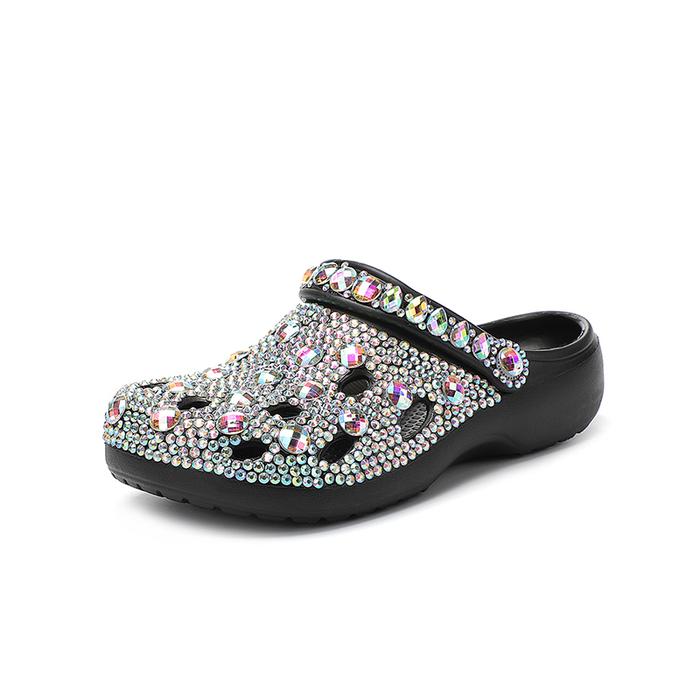 ACILICI Black Grey Colourful Diamante Glitter Hole Shoes One Buckle Sandals