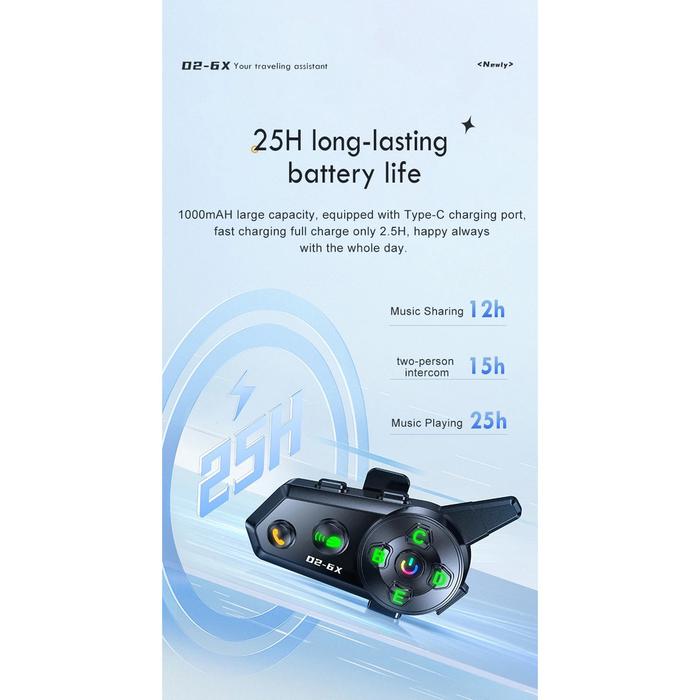 Intercom Helm Bluetooth Headset 6 Riders Call IPX6 1000mAh - D2-6X