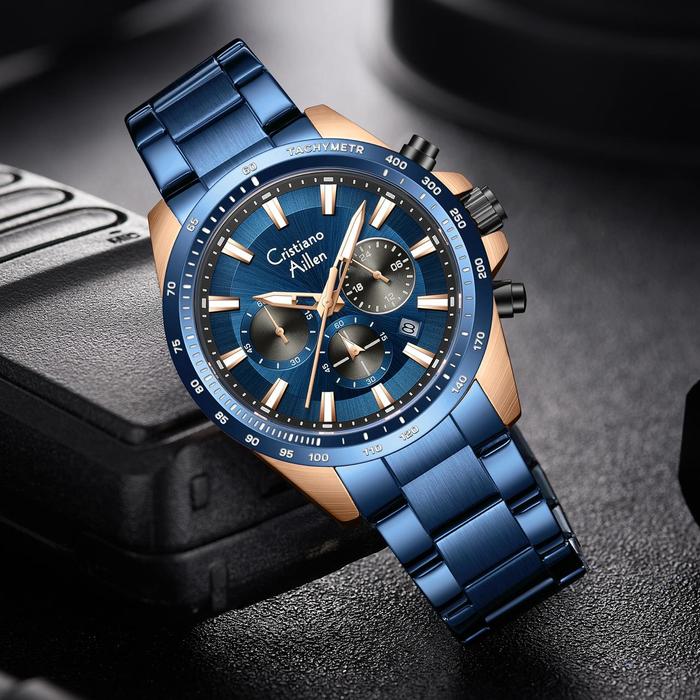 Cristiano Aillen Jam Tangan Pria Analog 8891 Rantai Stainless Steel Chronograph Kaca Sapphire Water