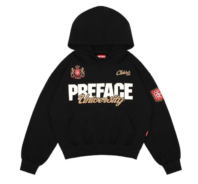 Preface University Oversize Sweater Hoodie Hitam Boxy Pria Dan Wanita Unisex Keren Katun Tebal
