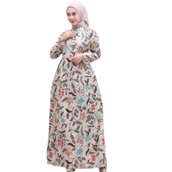 Baju Gamis Batik Wanita Lenan Panjang ALL SIZE Katun Muslim Motif Belah Samping Tunik Dress Atasan