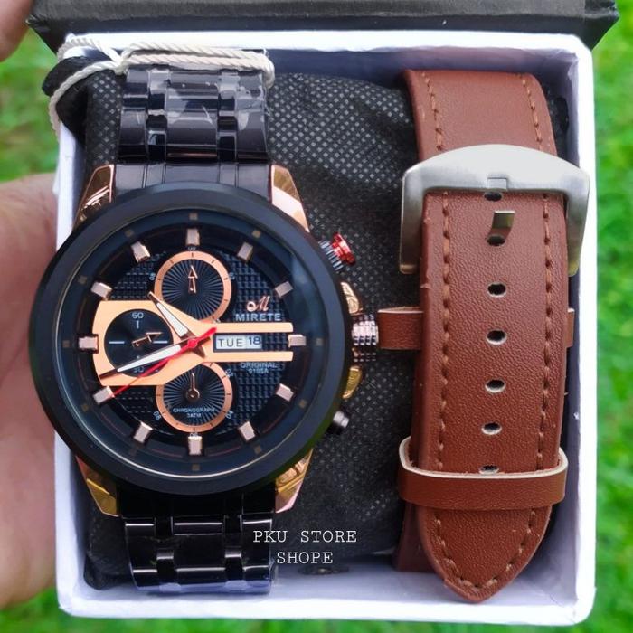 JAM TANGAN PRIA MIRETE ORI DUA TALI ANTI AIR TANGGAL HARI AKTIF, STRAP RANTAI ANTI KARAT KUARSA ANAL