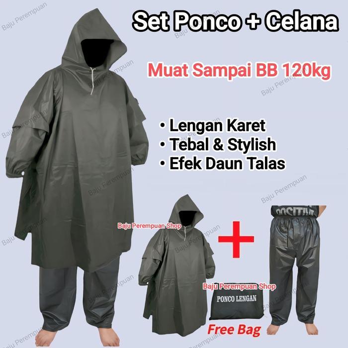 Setelan Jas Hujan Ponco Lengan + Celana PVC 100% Waterproof Bahan Mirip Axio Dewasa Ukuran Besar