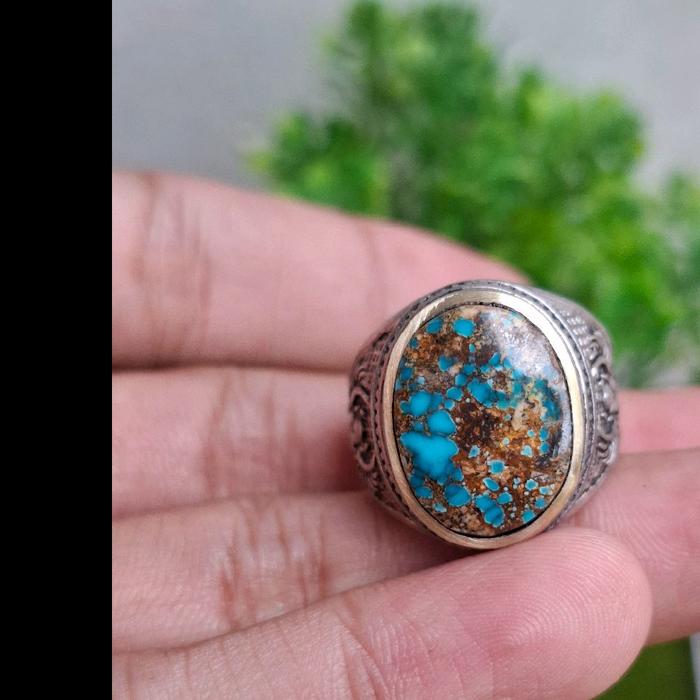 Pirus Persia Natural Warna Biru Ceplok Kura Serat Emas Kombinasi Merah Ring Alpaka Super Model Tanam