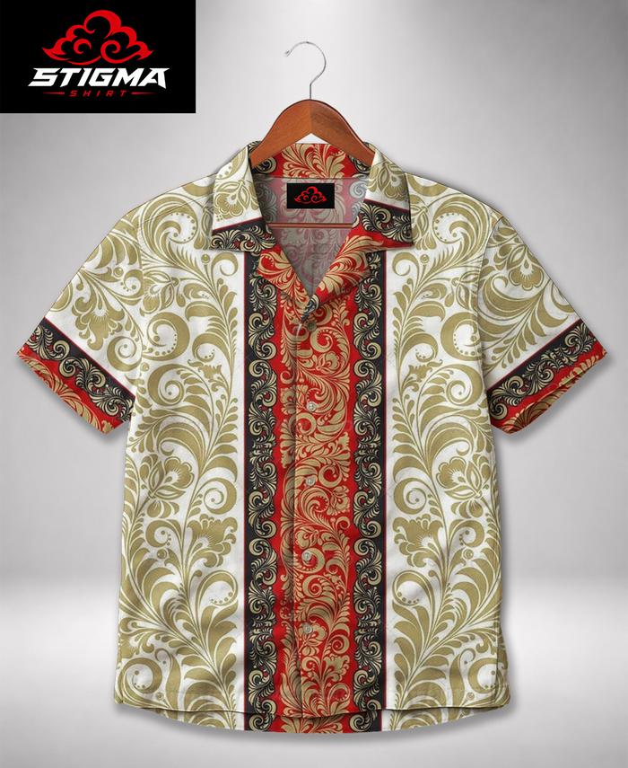 STIGMA Kemeja Motif Batik Gold Red Vintage Full Print Hawaiian Shirt Casual Unisex Distro Premium