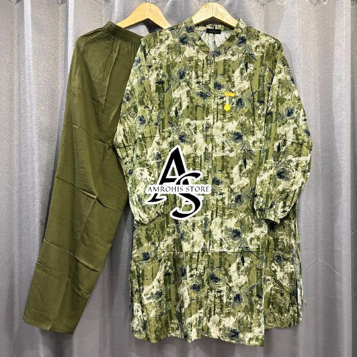 Setelan Rayon Long Tunik Baju Panjang Motif Bunga Abstrak Bahan Rayon Twill Premium Model Kekinian W