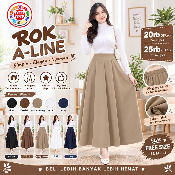 [RED ONE 888] ROK A-LINE Wanita Rok Panjang Muslimah Model A Line Elegan Casual Nyaman Pinggang Kare