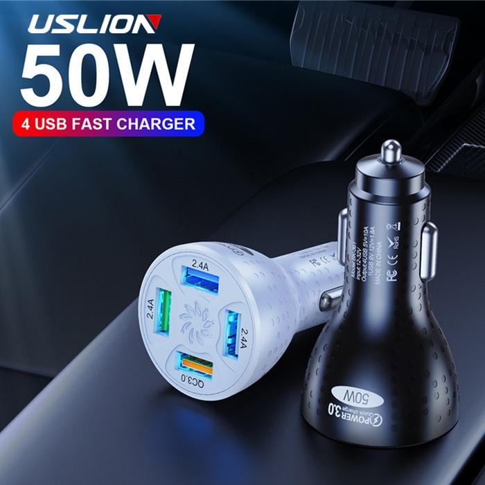 USLION 50W 10A 4 Ports USB Car Charger QC4.0 QC3.0 Mini Fast Charging