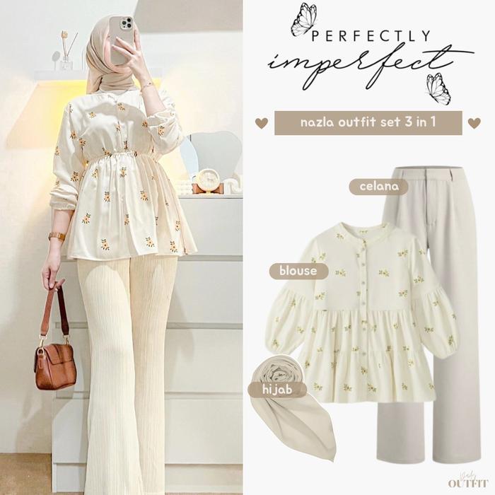 Outfit Wanita Kekinian ( Atasan Blouse Bunga + Bawahan Celana Kulot + Jilbab Bella Square ) Nazla On