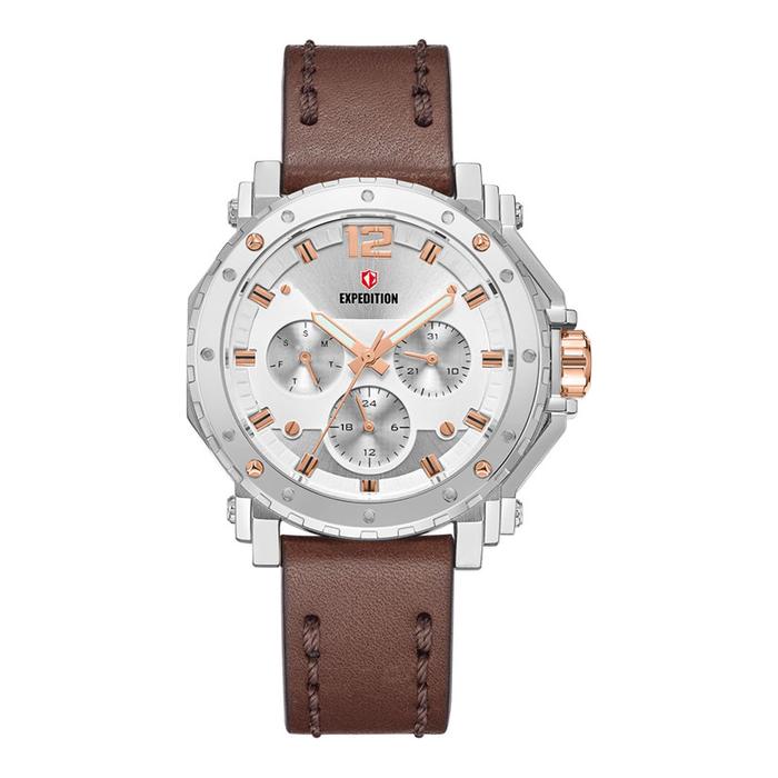 Jam Tangan Wanita Expedition E 6402 BF LSSRGSL Ladies Silver Dial Brown Leather Strap