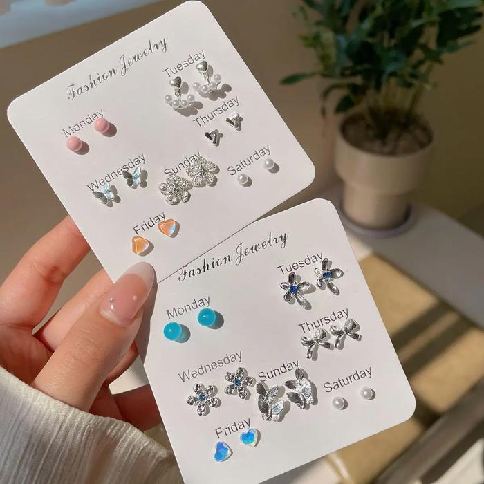 Sea Blue Bean Geometry of Week Ear Stud Set Silver Needle Small and Exquisite Flowers Butterfly Earr