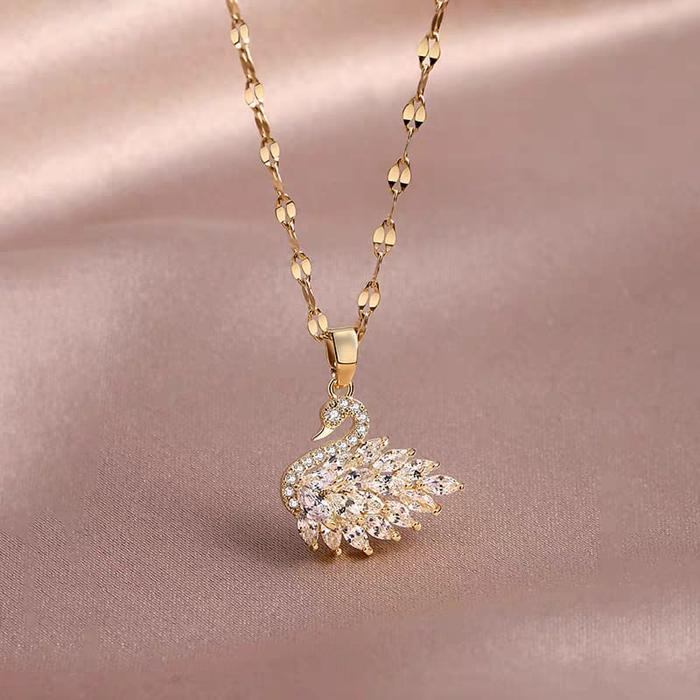 Puci Jewelry Kalung Titanium Wanita Rantai Pecah Kopi Liontin Angsa Putih dengan Batu Permata Zirkon