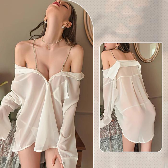 baju tidur seksi ,Wanita Atasan Kemeja ,Lengan panjang ,Transparan, Model Bahu Terbuka ,Desain Tali 