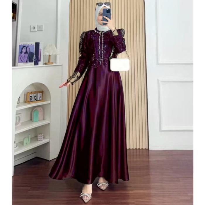 Sakura dress maxy gamis wanita modern baju pesta burgendy mix brukat gamis kondangan mewah elegant G