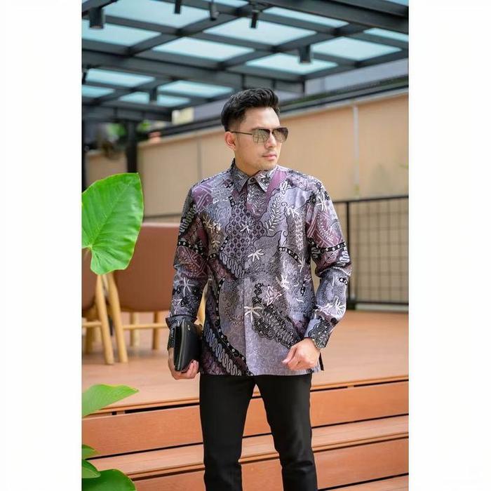 Kemeja Katun Batik Motif SEKARJAGAD LILAC Katun panjang pria baju katun Pendek Size Jumbo 5L LD 130 